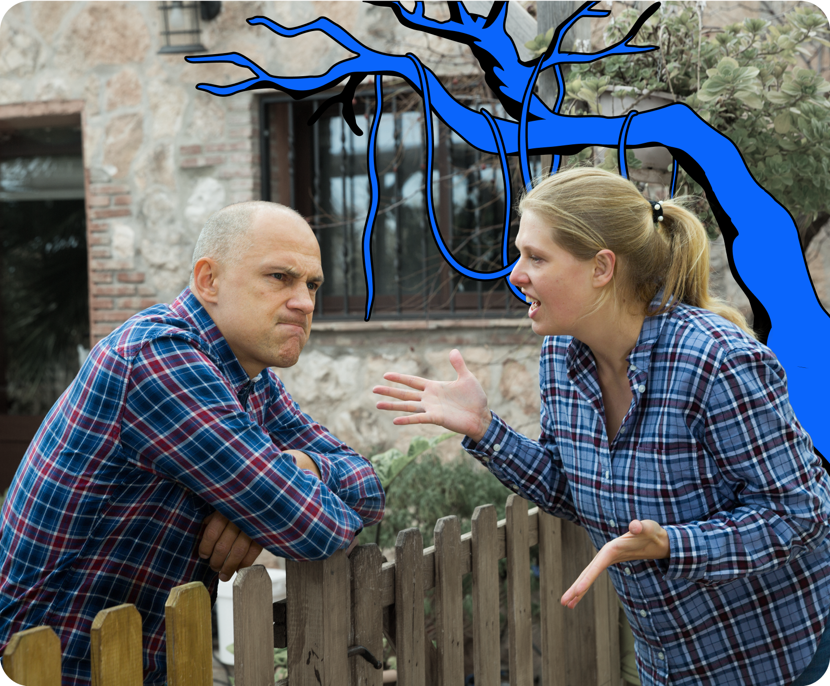 Two people in the garden talking over a fence